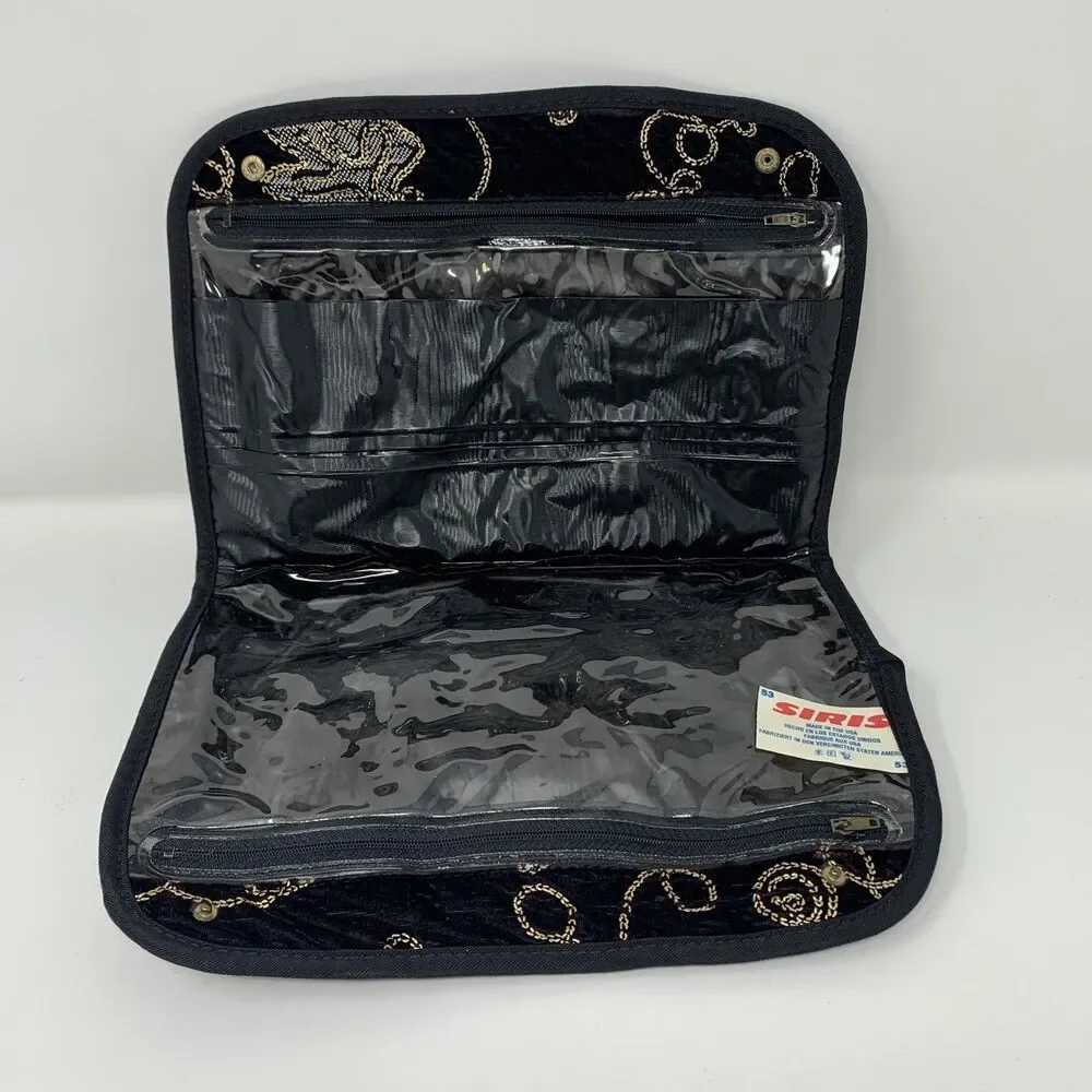 Siris Black Gold Floral Velvet Travel Cosmetic Toiletry Organizer Bag USA